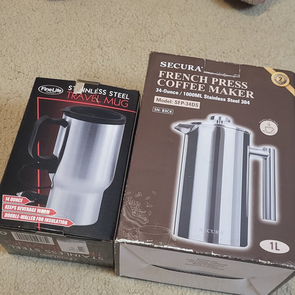 Coffee Items, Stainless Steel, French Press and Travel Mug